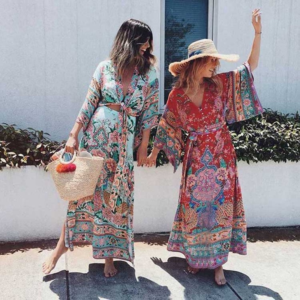 Boho gypsy wide sleeve red midi dress cover up - Picture 9 of 11